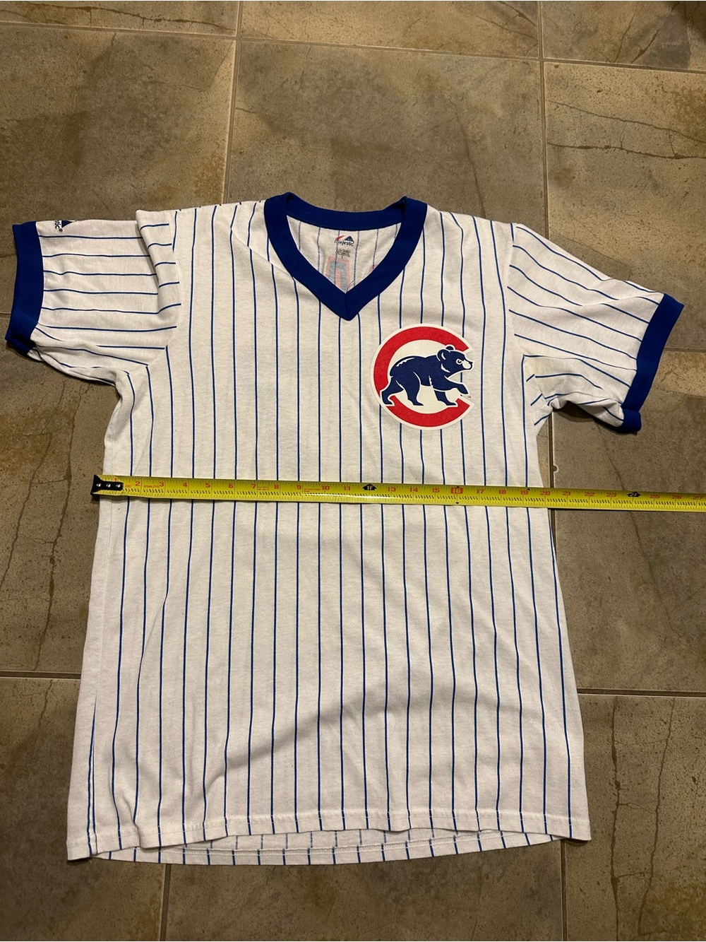 Chicago Cubs Youth Pinstripe V-Neck Tee - White & Royal Blue